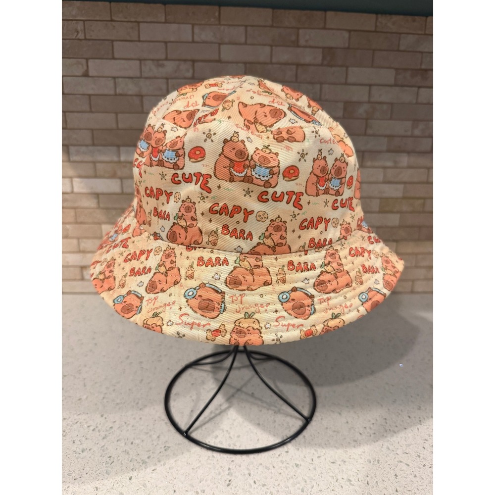 Cute Capybara All Over Print Bucket Hat Reversible Black Beige Sun Cap